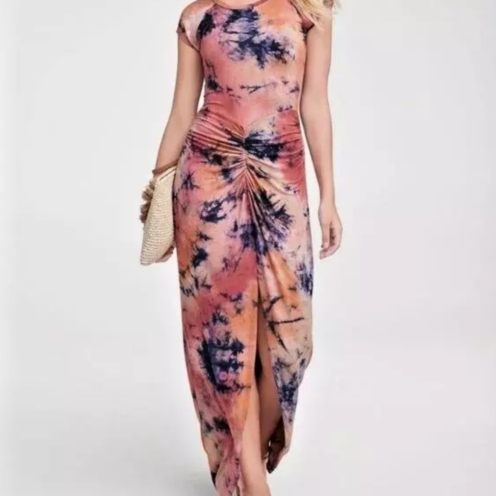 Tie-Dye Ruched Front Maxi Dress - Pink/Blue